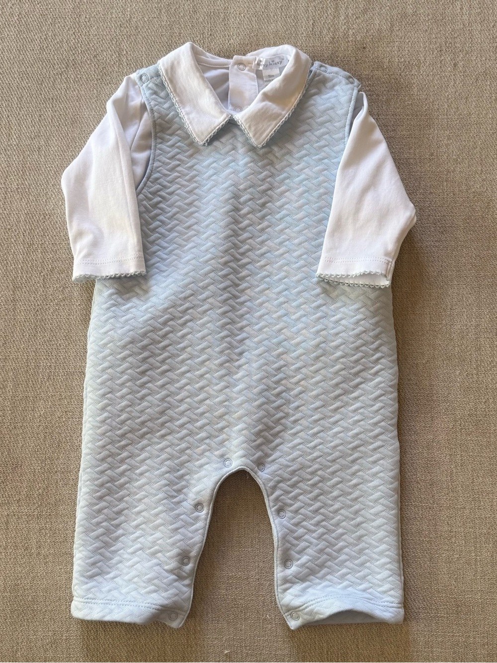 Kissy Kissy Classic Jacquard Overall Set Baby Blue & White Size 9M - Picture 5 of 6